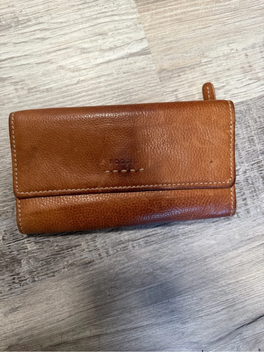 Fossil Brown Leather Trifold Pop Stitch Logo Checkbook Style Wallet